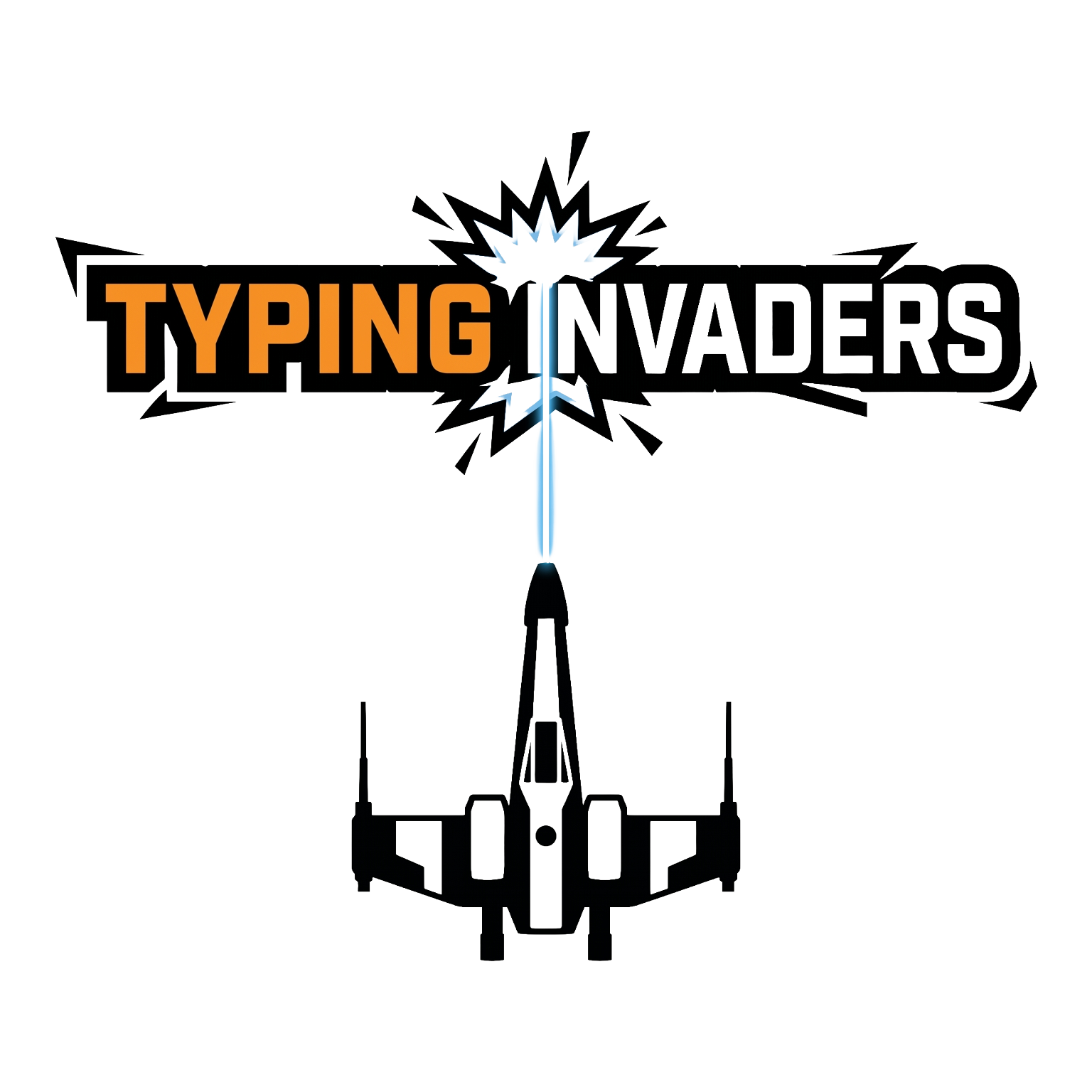 Typing Invaders game logo with a spaceship firing a laser.